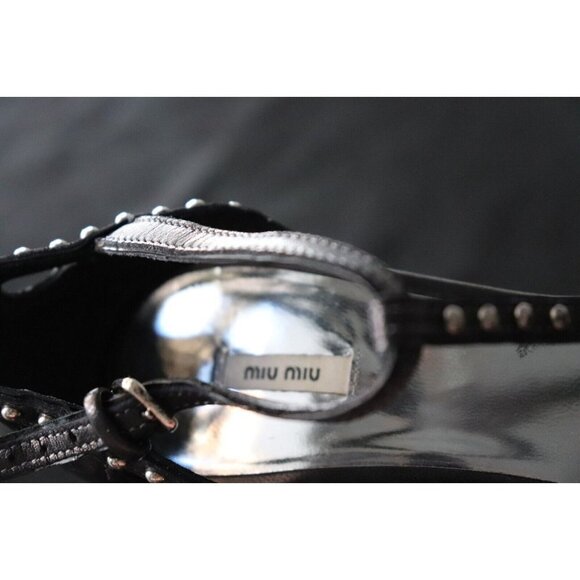Miu Miu Women's Size 36.5 Black Sandals Studded Open Toe Leather Stiletto Heels - Picture 5 of 12